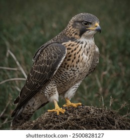 The Merlin Falcon is a small, powerful bird of prey known for its agility and speed. This falcon has a compact, robust body, with males typically displaying slate-blue upperparts and a streaked, buff- - Powered by Shutterstock