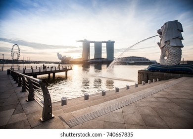 MERLION, SINGAPORE - Oct 2012 : Landscape View Of Sunrise At Singapore Landmark Of Merlion Fountain And Background With Marina Bay Sand
Merlion Was First Used In Singapore As The Logo For The Tourism