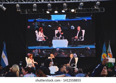 Merlo, Buenos Aires, Argentina - May 25, 2019: Cristina Fernández De Kirchner And Alberto Fernández With Menéndez At The Beginning Of The Presidential Campaign. Commemorating May 25