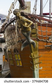 Mermaid Figurehead On Old Sail Ship. Vintage Retro Style.