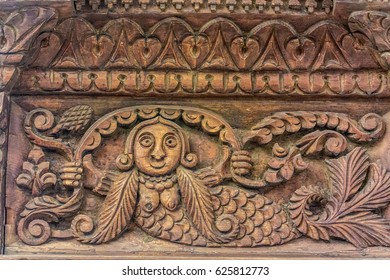 Mermaid. Front Panel Of An Antique Casket. Wood Carving, Russian Folk Art