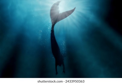 Mermaid, water and sea with silhouette underwater for aqua, fish or magic for myth, goddess and surreal. Mystical, swimming and fantasy for fairytale, creature and folklore for mysterious in ocean