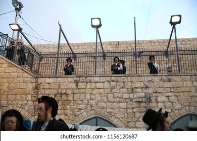 MERON, ISRAEL - AUG 2, 2018: Unidentified Orthodox Religious Jews Pray At The Grave Of Rabbi Shimon Bar Yochai The Morning Service In Meron, Israel