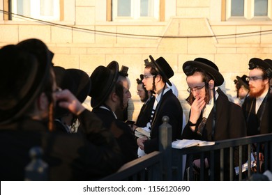 MERON, ISRAEL - AUG 2, 2018: Unidentified Orthodox Religious Jews Pray At The Grave Of Rabbi Shimon Bar Yochai The Morning Service In Meron, Israel