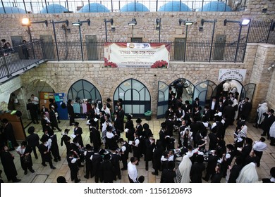 MERON, ISRAEL - AUG 2, 2018: Unidentified Orthodox Religious Jews Pray At The Grave Of Rabbi Shimon Bar Yochai The Morning Service In Meron, Israel