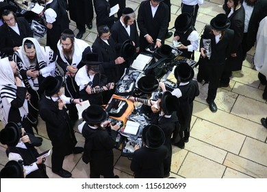 MERON, ISRAEL - AUG 2, 2018: Unidentified Orthodox Religious Jews Pray At The Grave Of Rabbi Shimon Bar Yochai The Morning Service In Meron, Israel