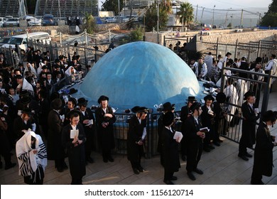 MERON, ISRAEL - AUG 2, 2018: Unidentified Orthodox Religious Jews Pray At The Grave Of Rabbi Shimon Bar Yochai The Morning Service In Meron, Israel