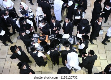 MERON, ISRAEL - AUG 2, 2018: Unidentified Orthodox Religious Jews Pray At The Grave Of Rabbi Shimon Bar Yochai The Morning Service In Meron, Israel