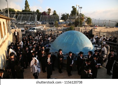 MERON, ISRAEL - AUG 2, 2018: Unidentified Orthodox Religious Jews Pray At The Grave Of Rabbi Shimon Bar Yochai The Morning Service In Meron, Israel