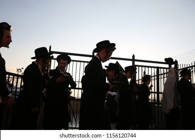 MERON, ISRAEL - AUG 2, 2018: Unidentified Orthodox Religious Jews Pray At The Grave Of Rabbi Shimon Bar Yochai The Morning Service In Meron, Israel