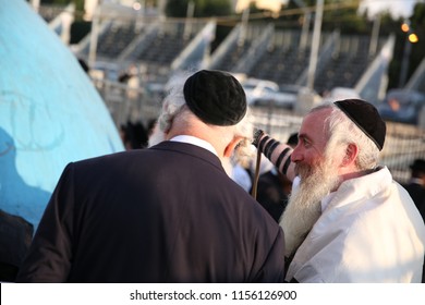 MERON, ISRAEL - AUG 2, 2018: Unidentified Orthodox Religious Jewish Men Talk And Pray At The Grave Of Rabbi Shimon Bar Yochai The Morning Service In Meron, Israel