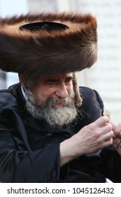 MERON, ISRAEL- MAY 14, 2017: Portrait Of The Hasidic Grand Rabbi Of Rachmastrivka In Meron, Israel On The Jewish Holiday Of Lag Baomer 