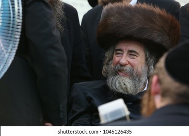 MERON, ISRAEL- MAY 14, 2017: Portrait Of The Hasidic Grand Rabbi Of Rachmastrivka In Meron, Israel On The Jewish Holiday Of Lag Baomer 