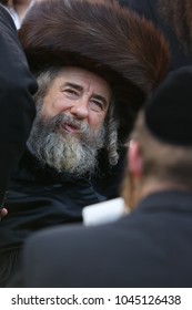 MERON, ISRAEL- MAY 14, 2017: Portrait Of The Hasidic Grand Rabbi Of Rachmastrivka In Meron, Israel On The Jewish Holiday Of Lag Baomer 