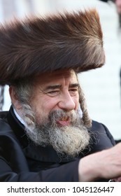 MERON, ISRAEL- MAY 14, 2017: Portrait Of The Hasidic Grand Rabbi Of Rachmastrivka In Meron, Israel On The Jewish Holiday Of Lag Baomer 