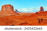Merrick Butte and Mitchell Mesa. Monument Valley. USA. Navajo Indian Reservations. The Colorado Plateau is made up of picturesque bright red sandstone.