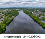 Merrimack River aerial view in summer at Riverfront State Park in city of Lawrence, Massachusetts MA, USA. 