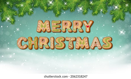 Merry Christmas Animated Text Banner With Gingerbread Cookies. Winter Christmas Background With A Bokeh Lights And Snow Falling. Merry Christmas And New Year Holiday