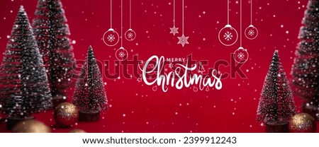 Merry Christmas banner design, Snow trees isolated on dark red colour background, 2023 Christmas poster image