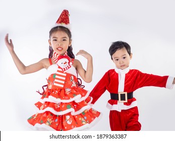 Merry Christmas Girl Wearing Santa Claus Suit Dancing Baby Shark On White Background