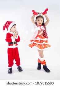 Merry Christmas Girl Wearing Santa Claus Suit Dancing Baby Shark On White Background