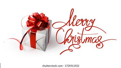 Merry Christmas Greeting Card, Frame, Banner. Christmas Gift, Present On White Background Top View.