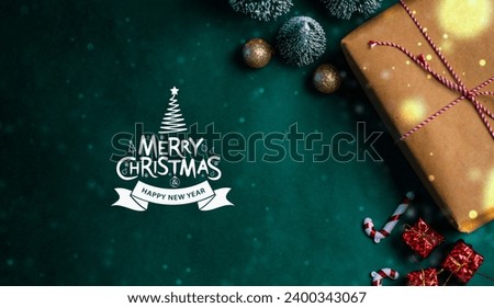 Merry Christmas greetings poster design, Flatly image of Christmas decorations isolated on green colour background with greetings text, 2024 Happy New Year and Christmas background