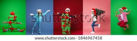 Merry Christmas! Happy children in full growth in a Santa hat, reindeer horns with gifts, Christmas tree and stars on a multi-color background, collage. Green, blue, red, pink backgrounds