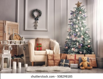 Merry Christmas and Happy Holidays! A beautiful living room decorated for Christmas.