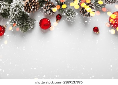 Merry Christmas and Happy Holidays greeting card, frame, banner. New Year. Noel. Red Christmas ornaments on white background top view. Winter holiday xmas theme. Flat lay. - Powered by Shutterstock