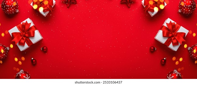 Merry Christmas and Happy Holidays greeting card, frame, banner. New Year. Noel. White and red Christmas gifts, presents, ornaments on red background top view. Winter holiday xmas theme. Flat lay. - Powered by Shutterstock