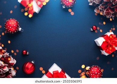 Merry Christmas and Happy Holidays greeting card, frame, banner. New Year. Noel. White Christmas gifts, presents, red ornaments on blue background top view. Winter holiday xmas theme. Flat lay. - Powered by Shutterstock