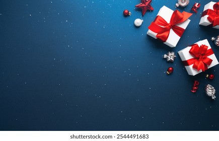 Merry Christmas and Happy Holidays greeting card, frame, banner. New Year. Noel. White Christmas gifts red ribbons, ornaments on blue background top view. Christmas festive holiday theme. Xmas. - Powered by Shutterstock