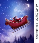 Merry christmas and happy new year greeting card with copy-space. Winter  night landscape.Santa and his sleigh flying over snowy landscape 