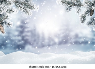 Merry Christmas and happy new year greeting card. Winter landscape with snow .Christmas background with fir tree branch and cones  - Powered by Shutterstock