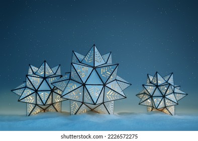 Merry Christmas and Happy New Year. Three lantern stars in cold snowdrifts at night. Starry sky. Make a wish - Powered by Shutterstock