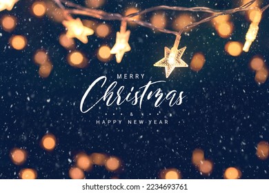 Merry Christmas and happy new year, Christmas stars lights bokeh with falling snow, snowflakes, Winter and new year background holidays.