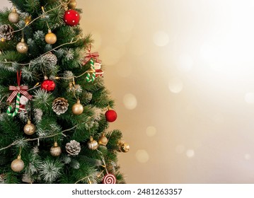 Merry Christmas and Happy New Year concept. Close-up Christmas tree decorated with lighting, pine cones, santa claus, red and gold ball, festive party ornament on white background with copy space. - Powered by Shutterstock