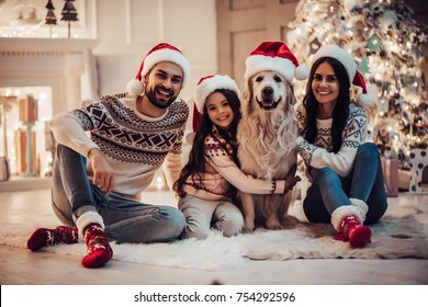 Merry Christmas and Happy New Year! Happy family with dog labrador retriever are waiting for the New Year in Santa Claus hats while sitting near beautiful Christmas tree at home. - Powered by Shutterstock