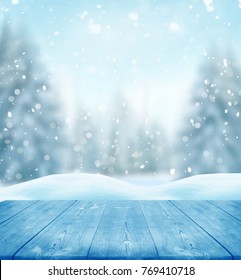 Merry Christmas and happy New Year greeting background with table .Winter landscape with snow 