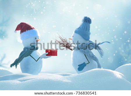 Merry christmas and happy new year greeting card .Two cheerful snowman  standing in winter christmas landscape.