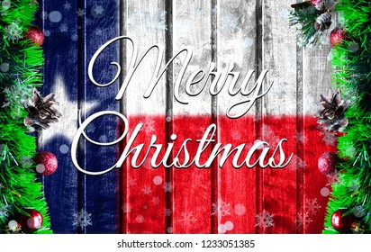 Merry christmas holiday concept with blurred flag image of State of Texas, Xmas background