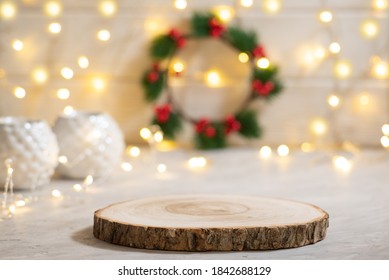 Merry Christmas holiday mockup table with wooden podum stand empty layout. Design background for holidays products concept - Powered by Shutterstock