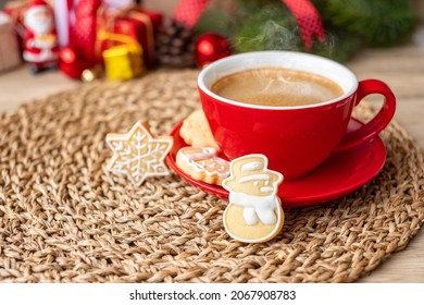 Merry Christmas with homemade cookies and coffee cup on wood table background. Xmas eve, party, holiday and happy New Year concept - Powered by Shutterstock