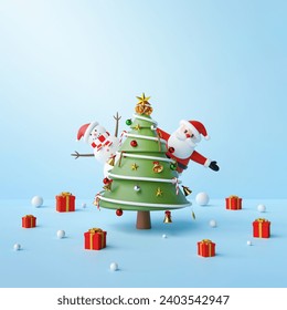 Merry Christmas, Party with Santa Claus, snowman and Christmas tree on a blue background, 3d rendering - Powered by Shutterstock