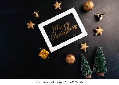 Merry Christmas, Photo Frame With Christmas  Decoration On Black Background