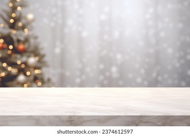 Merry Christmas stone podium background. Xmas marble blank scene. Winter empty pedestal, front view. Christmas tree banner