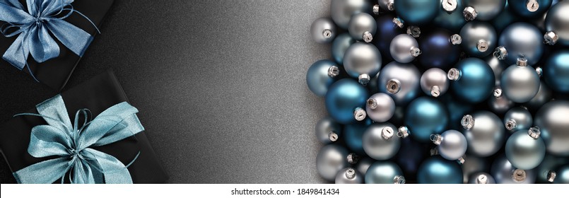 Merry Christmas, Top View Of Wrapped Gift Present Packages And Blue Balls, Isolated On Black Background, Useful As A Greeting Gift Card