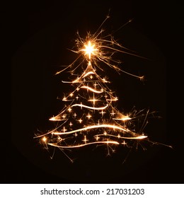 Merry Christmas Tree Greeting In Sparkly Bright Design On Black Background With Copy Space.