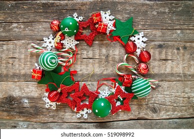 Merry Christmas Wreath Red White Holiday Fir Tree Toy Decor Star Ball Gift Magic Composition Wooden Background Top View